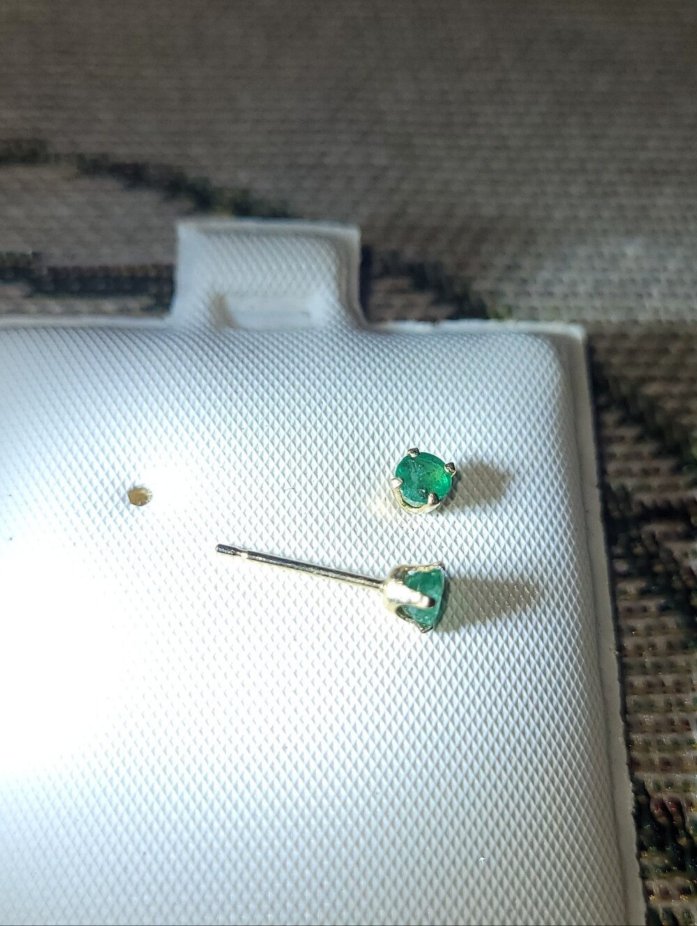 Mini Round Emerald Stud Earrings In 10k Gold.               May Birthstone - Picture 2 of 3